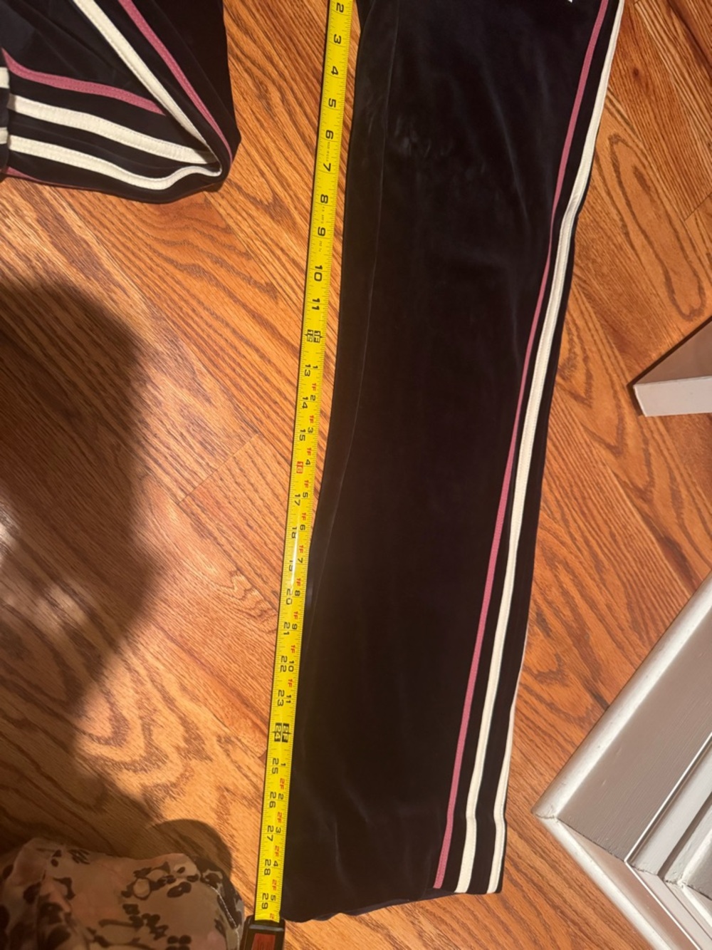 BCBG Black Velvet Track Pants with Pink and White Side Stripes